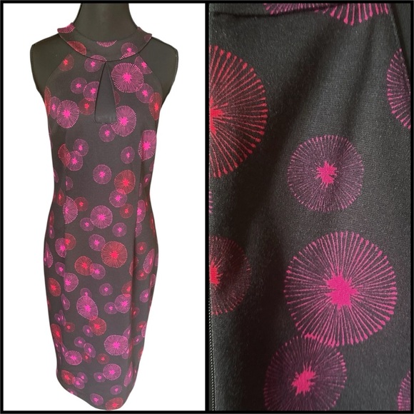 NWT Trina Turk Pink Red & Black Halter Sheath Dress with Retro Print - Picture 1 of 10